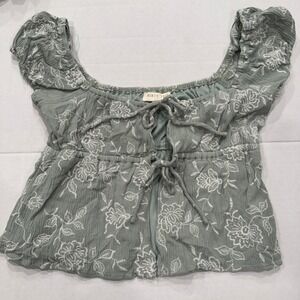 THIRTY THIRTY Sage Green Floral Puff‎ Sleeve babydoll Crop Top L fairy garden
